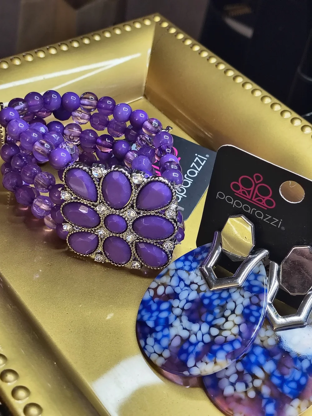 Purple Beaded Floral Stretch Bracelet/Earrings